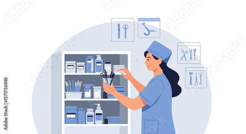 Medical Professional Organizing Supplies In A Clinic Or Hospital Environment Illustration