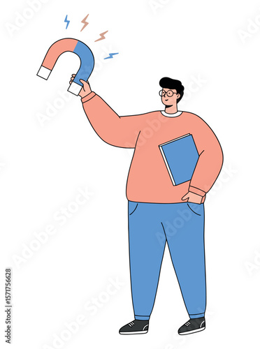 Plus-size physics teacher demonstrating a magnet while holding a book in a fun illustration