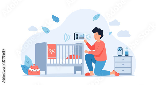 Father Using Modern Technology To Monitor Baby's Room With Digital Tablet Device