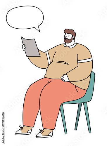 Plus-size man reading a paper while seated on a chair with a speech bubble in a thoughtful illustration