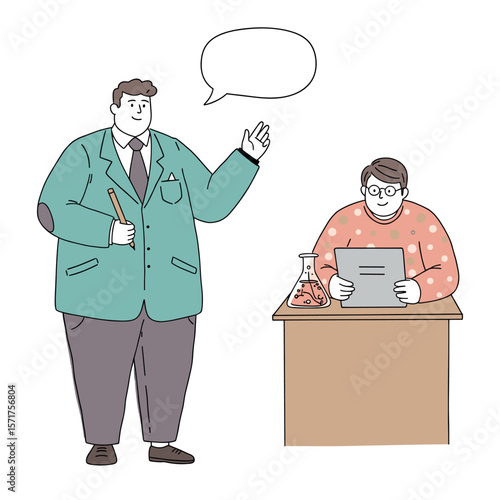 Plus-size chemistry teacher engaging with a student during a lesson in a friendly illustration
