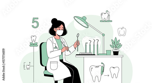 Female Dentist Inspecting Dental Tools In Clinic With Tooth Icons Illustration