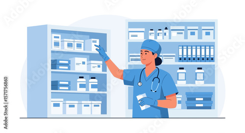 Female Doctor Arranging Supplies In Storage At Clinic Or Hospital Ward