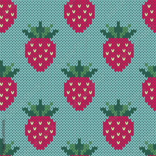 Strawberry fruit knitted seamless pattern for socks or sweatshirt design. Vector illustration.
