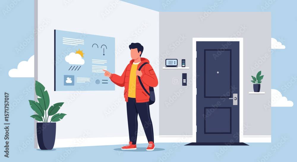 Fototapeta premium Smart Home Man Checking Weather Forecast On Interactive Digital Display Near Door