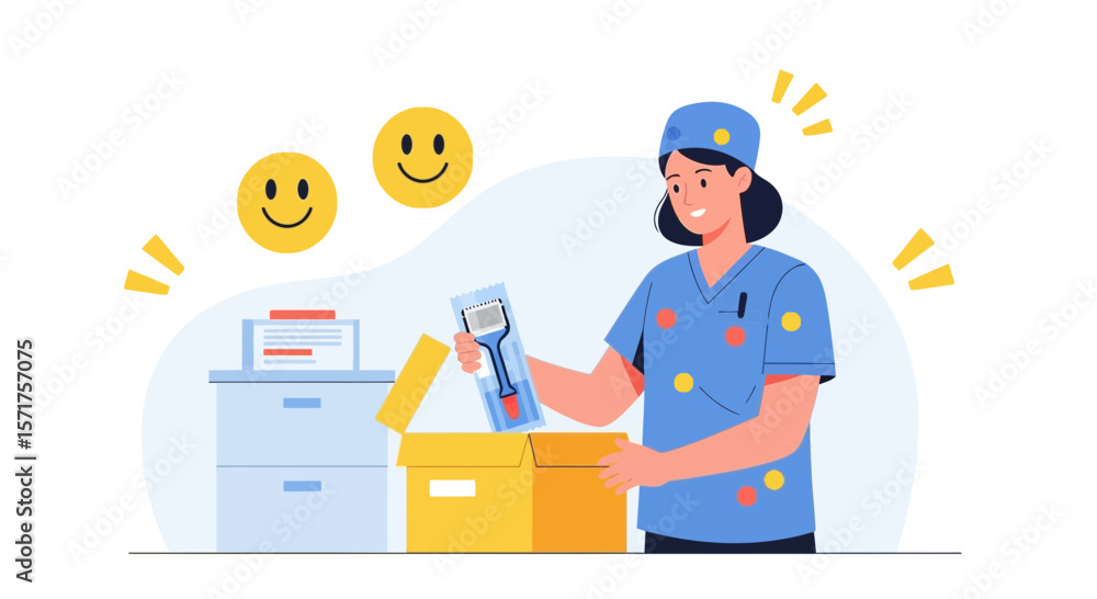 Smiling Nurse Receives New Medical Supplies From Her Supply Storage Unit Smiling Nurse Receives New Medical Supplies From Her Supply Storage Unit