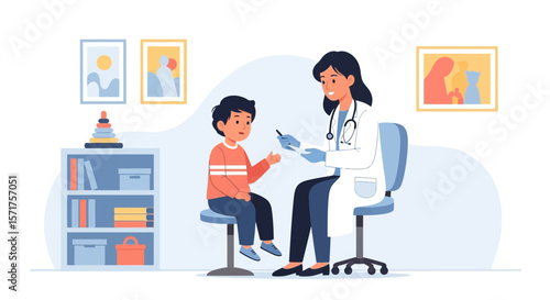 Female Doctor Examining A Little Boy In The Medical Office During Consultation