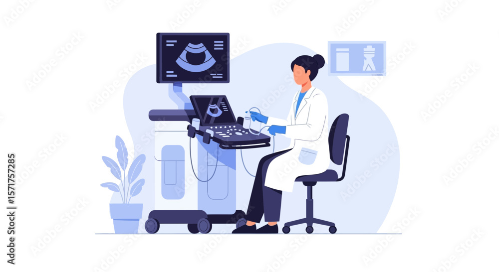 Fototapeta premium Female Doctor Performing Ultrasound Scan Diagnostics In Hospital Treatment Room
