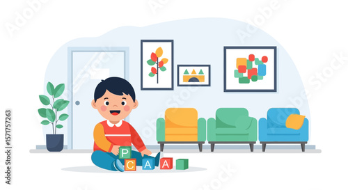 Cheerful Boy Playing With Alphabet Blocks In A Waiting Room Illustration
