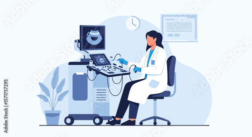Female Doctor Performing Medical Ultrasound Examination With Modern Equipment In Hospital