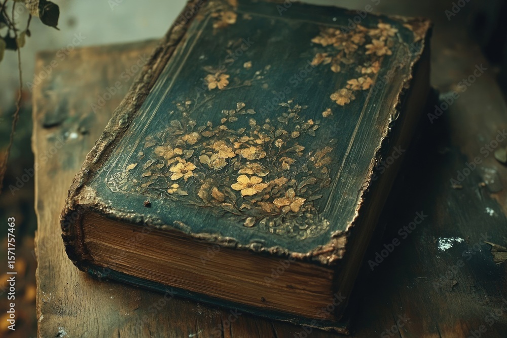 Obraz premium An old, weathered book with blue floral designs, sits atop a wooden surface, exuding a sense of antique charm.