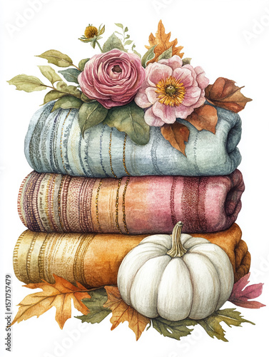 Cozy Watercolor Fall Composition with White Pumpkin, Flowers, and Blanket Stack

