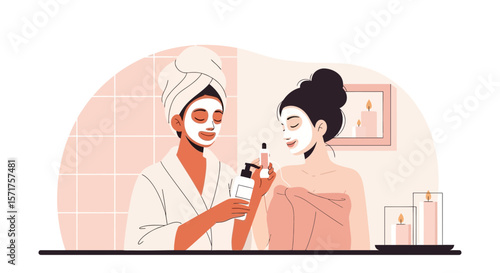 Spa Day Serenity Two Friends Enjoying Facial Masks And Pampering Themselves At Home