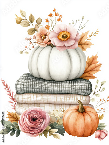 Cozy Watercolor Fall Composition with White Pumpkin, Flowers, and Blanket Stack