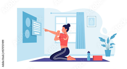 Female Engages in Yoga and Technology During Home Workout Routine
