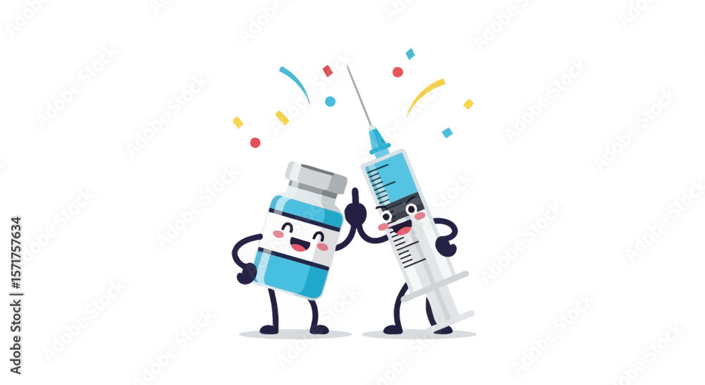 Fototapeta premium Cheerful Vaccine And Syringe Celebrate Victory Over Disease With Confetti