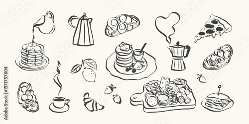 Whimsical chalk doodles of food and charcuterie. Quirky icons of breakfast and dinner meals in crayon style. Crayon drawing for menus and invitations. La dolce vita italian vector illustration