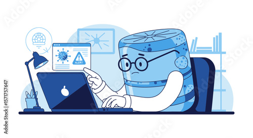 Stay Alert Online Bottle Character Receives A Virus Threat On Laptop