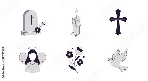 Funeral memorial remembrance death grief mourning sympathy icons set