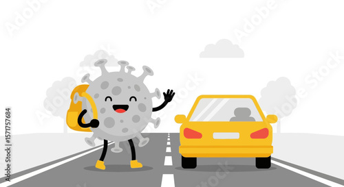 Cheerful Virus Character Hitchhiking on the Roadside During a Trip