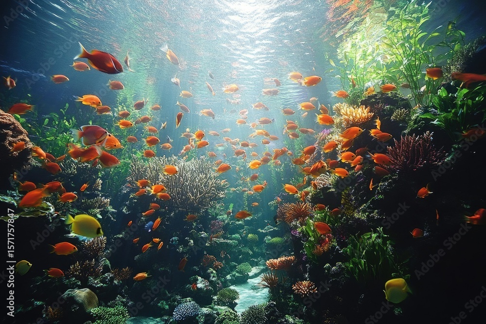 Naklejka premium An underwater paradise with schools of vibrant orange fish swimming among coral reefs and lush green aquatic plants, bathed in sunlight.