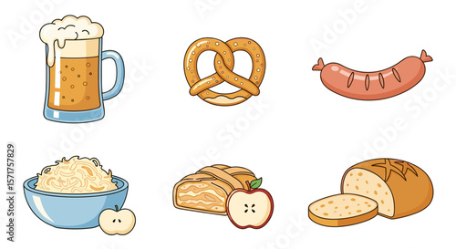 Oktoberfest food beer pretzel sausage sauerkraut apple strudel bread