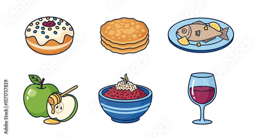 Collection of rosh hashanah traditional food and drink illustrations