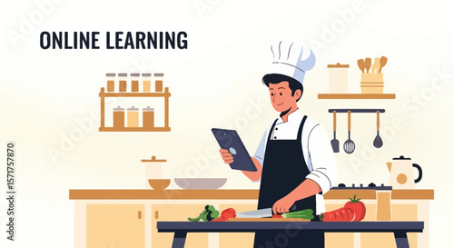 Chef Learning Online Culinary Skills with Tablet in Kitchen Illustration