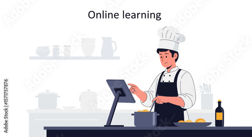 Chef Preparing Dish Following Recipe On Tablet In Modern Kitchen Interior