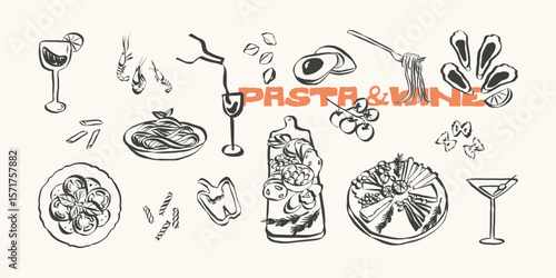 Whimsical chalk doodles of food and charcuterie. Quirky icons of breakfast and dinner meals in crayon style. Crayon drawing for menus and invitations. La dolce vita italian vector illustration
