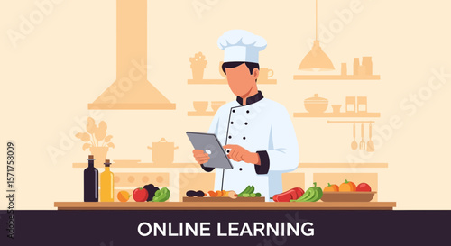 Chef Using Tablet In Kitchen For Online Recipe And Virtual Culinary Learning