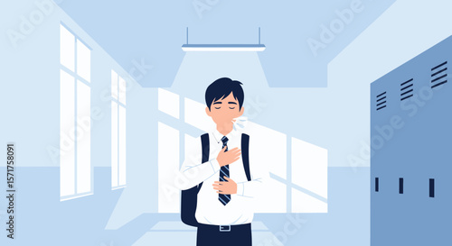 Student Doing Deep Breathing Exercise In School Hallway Illustration