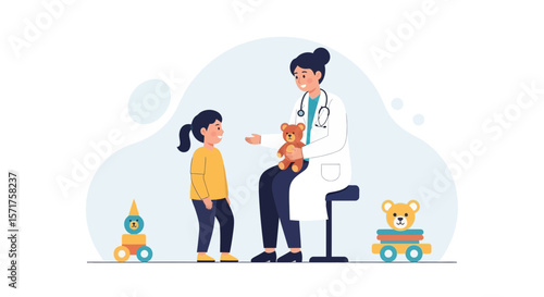 Female Pediatrician Examines Young Patient In Friendly Doctor Visit Illustration