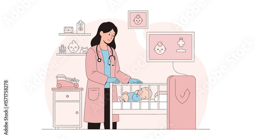 Female Pediatrician Examining Newborn Baby In A Crib At Hospital Room