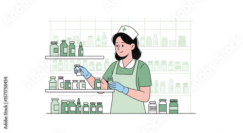 Female Pharmacist Holding Medicines Inspecting And Preparing Prescriptions In Pharmacy