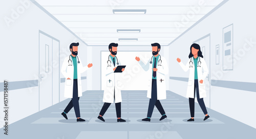 Medical Team Walking Through Hospital Hallway Discussing Patient Care Procedures