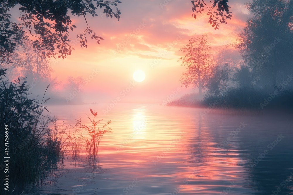 Obraz premium Serene lake scene at sunrise with warm hues reflecting on the still water surface.