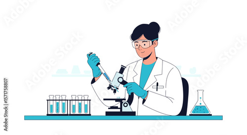 Female Scientist Conducting Experiment With Microscope And Chemical Solution