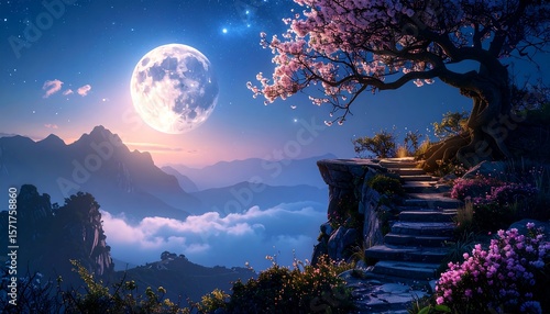 Walking Up Stone Steps on Cliff Overlooking Moonlit Mountain Valley