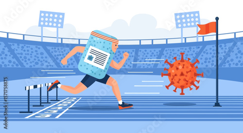 Medicine Victory Athlete Running Against Virus Hurdles in a Stadium Concept