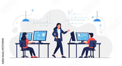 Supervising Team Works On Project In Modern Office Environment Digital Age