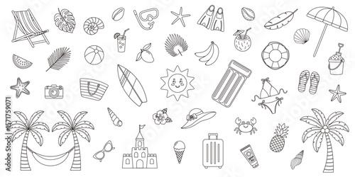 Hand drawn outline set of summer and beach items including palm trees, swimsuit, shells, fruit and travel essentials. Minimalist line art. Coastal icon collection for card, prints, coloring page.
