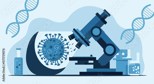Microscopic View Of Viral Research With Dna Structures And Blue Color Palette
