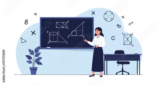 Female Teacher Explaining Geometry on Blackboard in Classroom Education Illustration