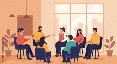 Support Group Meeting Illustration In Bright Room For Wellbeing Therapy Discussion