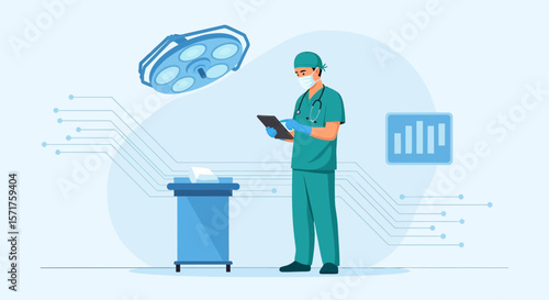 Surgeon Analyzing Medical Data on Tablet in Operating Room Setting
