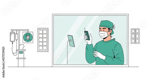 Surgeon Checks Mobile Device After Operation Through Clean Room Partition