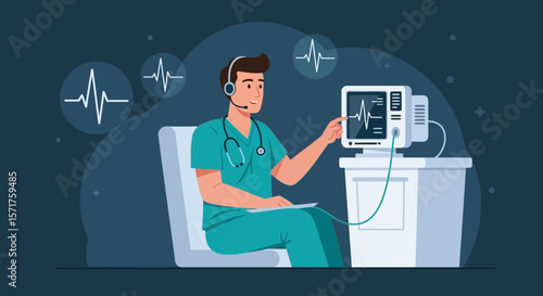 Modern Doctor Monitoring Patient Health With Advanced Ekg Machine And Headphones