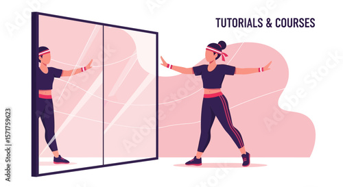 Fitness Instructor Demonstrates Exercise Routine in Front of Mirror For Online Tutorials