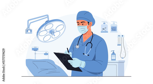 Surgeon Preparing For Operation While Taking Notes In The Operating Room